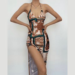 Contrast print halter v neck slit backless midi dress