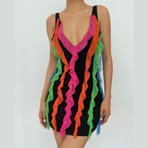 Ruffle contrast v neck sleeveless backless mini dress