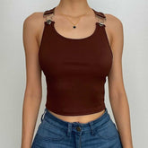 Ribbed buckle u neck sleeveless solid crop top