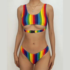 Contrast striped print button hollow out bikini swimwear