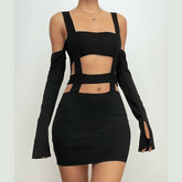 Solid hollow out off shoulder long sleeve backless mini dress