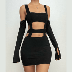 Solid hollow out off shoulder long sleeve backless mini dress