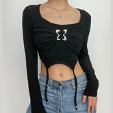 Patchwork butterfly buckle long sleeve solid square neck crop top