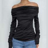 Ruched off shoulder solid long sleeve backless top