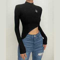 Star applique high neck long sleeve irregular ribbed crop top