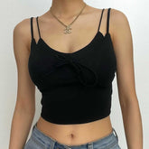 Halter solid spaghetti strap backless lace up crop top - Final Sale
