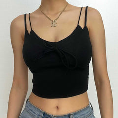Halter solid spaghetti strap backless lace up crop top - Final Sale