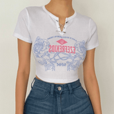 Print ribbed short sleeve pins crop top
