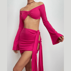 Off shoulder long sleeve ruched hollow out ribbon mini skirt set