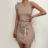 Drawstring solid ruched sleeveless lace up mini skirt set