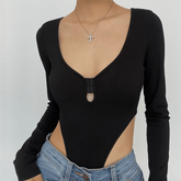 Long sleeve low cut ribbed hollow out button bodysuit