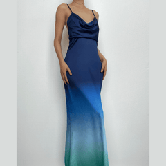 Cowl neck gradient backless ruched cami maxi dress