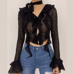 Textured solid long sleeve halter v neck ruffle flared sleeve crop top