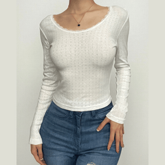 Textured lace hem solid long sleeve u neck top