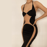 Mesh see through hollow out halter midi dress