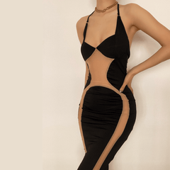 Mesh see through hollow out halter midi dress