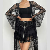 Flared sleeve lace see through solid irregular top