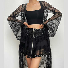 Flared sleeve lace see through solid irregular top