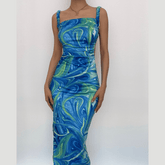 Sleeveless contrast print slit backless self tie hollow out midi dress