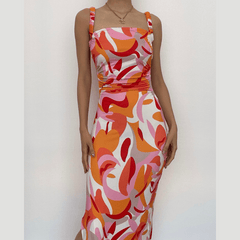 Sleeveless contrast print slit backless self tie hollow out midi dress