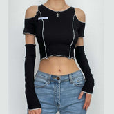 Long sleeve off shoulder patchwork ribbed top