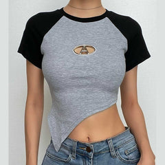 Ribbed contrast patchwork "A" applique irregular short sleeve crop top