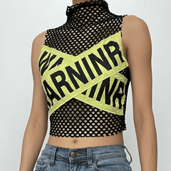 Fishnet patchwork contrast sleeveless crop top - Final Sale