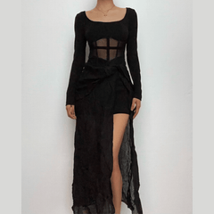 Corset square neck solid long sleeve ruched maxi dress