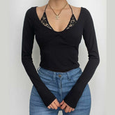 Patchwork halter solid long sleeve crop top