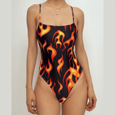 Contrast print lace up self tie backless one piece swimwear