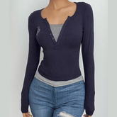 Patchwork button contrast long sleeve embroidery top