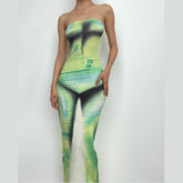 Letter print contrast slit backless sleeveless tube maxi dress