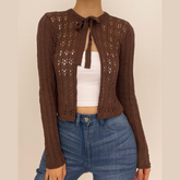 Crochet self tie long sleeve hollow out solid top - Final Sale