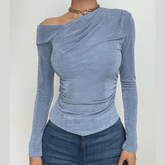 Solid off shoulder long sleeve irregular ruched top