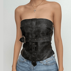Buckle PU leather zip-up backless tube crop top