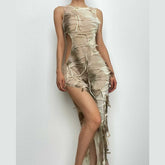 Sleeveless textured tie dye hollow out irregular slit maxi dress