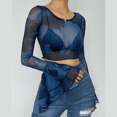 Round neck sheer mesh print long sleeve crop top