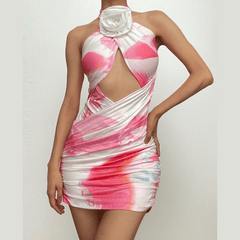 Flower applique cross front ruched contrast self tie mini dress