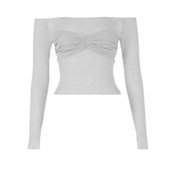 Long sleeve backless off shoulder ruched solid top