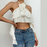 Flower applique solid ruffle halter backless ribbon crop top - Final Sale