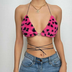 Furry leopard print self tie open back o ring bra top