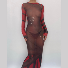 Long sleeve contrast sheer mesh see through midi dress