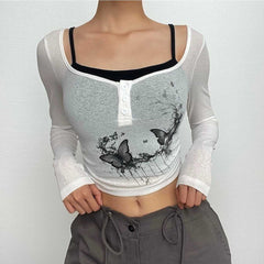 Butterfly pattern long sleeve button contrast 2 piece crop top
