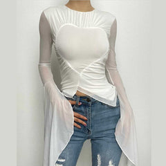 Flared sleeve heart patchwork ruched mesh solid top