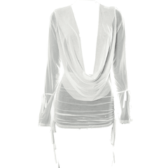 Open back sheer mesh long sleeve ruched skirt set