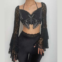 Flared sleeve lace butterfly embroidery halter crop top