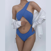 One shoulder solid padded o ring hollow out one piece swimwear