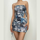 Denim print contrast drawstring self tie backless tube mini skirt set