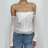 Textured solid long sleeve metal chain lace hem off shoulder top