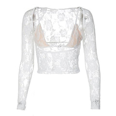 Long sleeve hollow out contrast lace 2 piece top